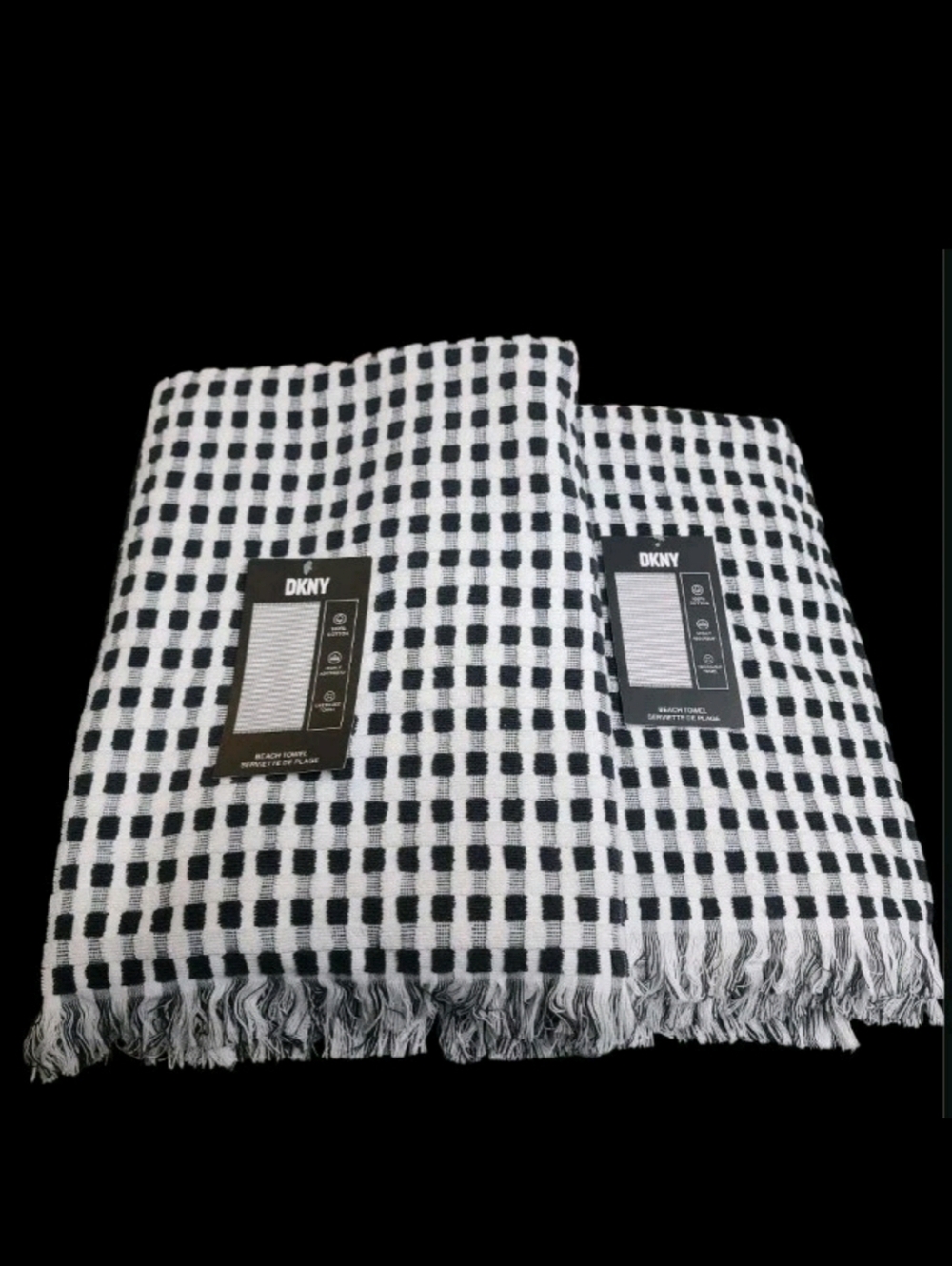 2pc 68" DKNY Black & White Check Gingham Pool Beach Towel Blanket Bath Sheet Set